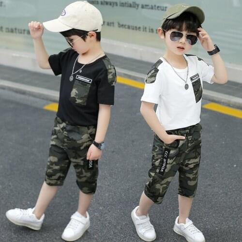 BINIDUCKLING Big Boys Summer Outfits Fashion Printed Breathe Top T-Shirt Camouflage Shorts Kids Boys Clothes Set 9T 8T Children
