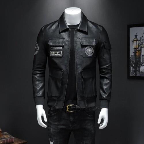 Spring Autumn 2021 Mens Lapel Motorcycle Embroidered Leather Jacket Korean Version Large Size Leather Jacket Men