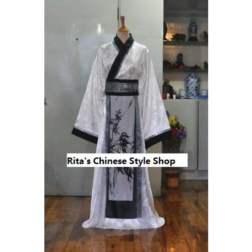 Mens Costume Male Scholar Basic Costume Long Gown with Under Pants White Black 2 Designs Male Costume Hanfu