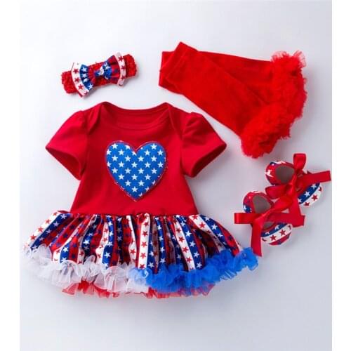 Newborn Independence Day Outfits, Baby Girl Short Sleeve O-Neck Bodysuit Dress + Bowknot Headband + Socks + Shoes Set 0-24Months