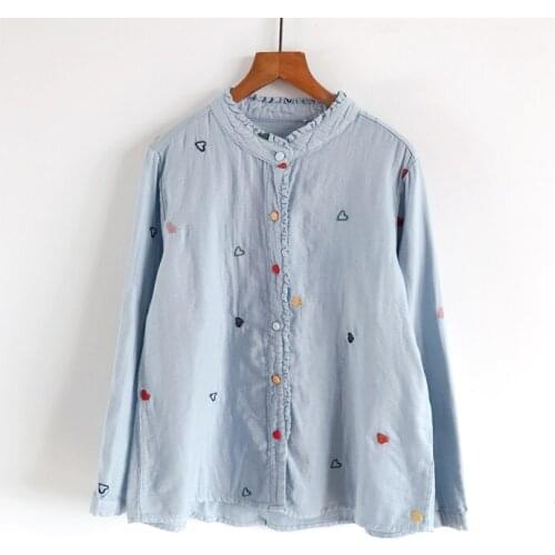 Autumn New WomenS Literary Artistic Temperament Of Small Embroidery Design Agaric Led Double Female Long-Sleeved Cotton Shirt