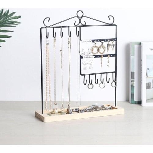 Metal Frame & Wood Basic Tray for Earrings Bracelets Necklace Watch Accessories Holder-20 Holes & 11 Hooks