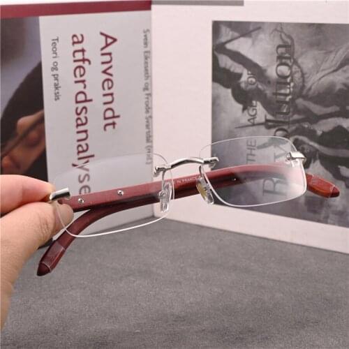 Rockjoy Rimless Glasses Frames Male Wooden Temple Eyeglasses Men Women Frameless Spectacles for Prescription Myopia Optical Lens