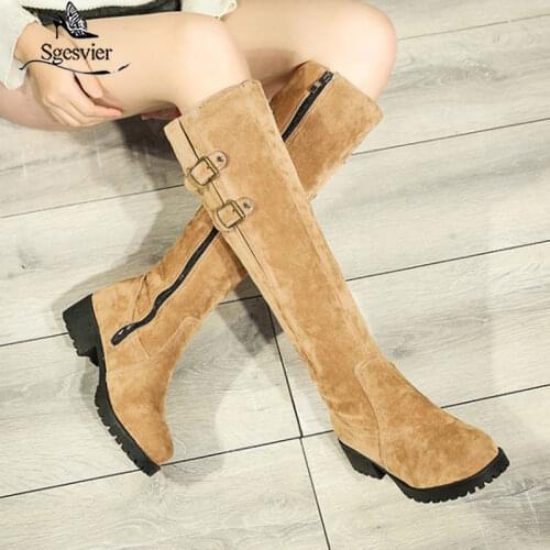 Sgesvier Size 34-44 Shoes Women Knee Snow Boots Metal Buckle High Heel Boots Thick Fur Shoes Winter Long Boots Women Footwear