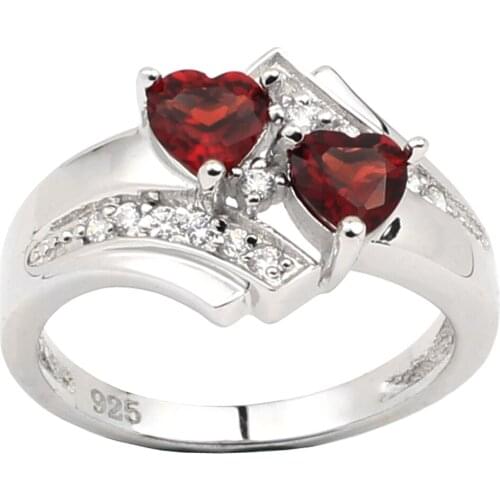 Silver 925 Ring Women Red Garnet Double Heart Gemstone 5x5mm Crystal Jewelry January Birthstone Capricorn Sign R014RGN