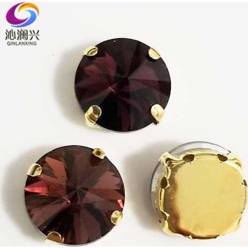Wine red round shape golden bottom AAA Glass Crystal sew on claw rhinestones with holes,Diy Clothing accessories SWRG17