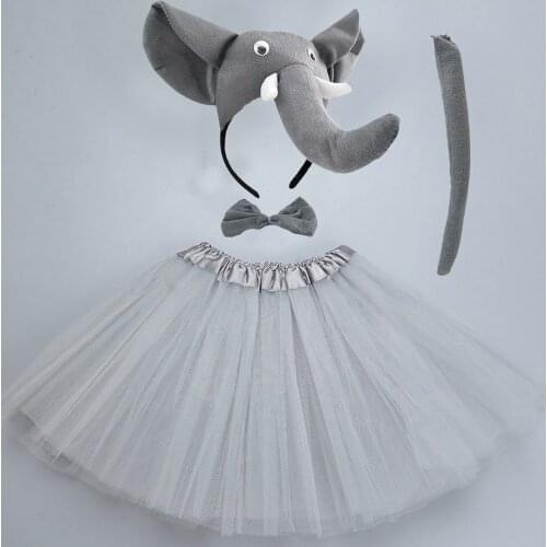 Women Teens Kids Elephant Costume Set Tutu Skirt Ears Bow Tie Tail Tutu Skirt Fancy Costume Accessories Halloween Christmas