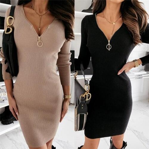 Women Robe Femme Solid Color Pencil Dresses Zipper V-Neck Long Sleeve Slim Hips Mini Dress For Woman Clothing Vestido De Mujer
