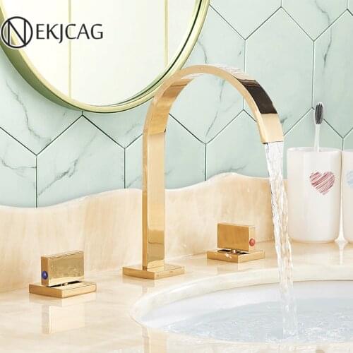 Golden Brass Bathroom Basin Faucets Dual Handle 3 Pieces Set /Kit Deck Mounted Hot Cold Mixer Taps Wash Tub Fauctes