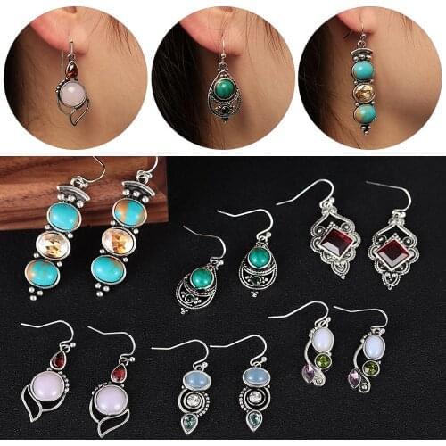 1Pair Moonstone Earrings Multi-Gemstone Ear Stud Turquoise Dangle Vintage Engagement Wedding Party Jewelry Charm Gift