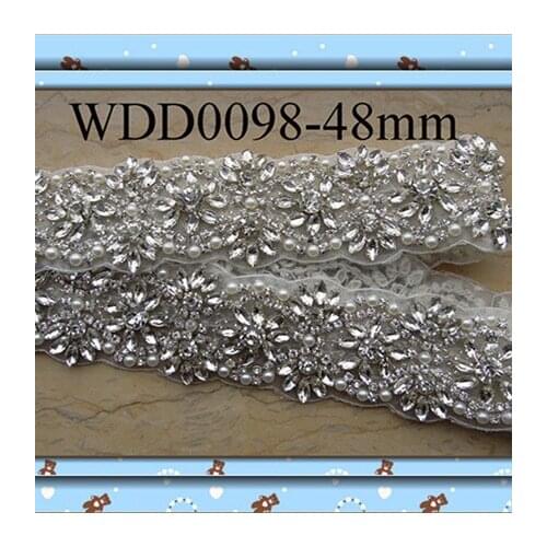 10 YARDS) Wholesale hand beaded bridal applique crystal rhinestone pearl trim iron on for wedding evening dress sash WDD0098