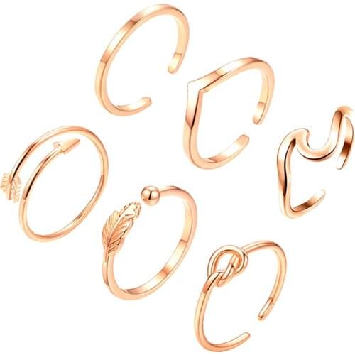 6PCS Arrow Knot Wave Rings For Women Adjustable Stackable Thumb Open Rings Set Summer Vacation Jewelry