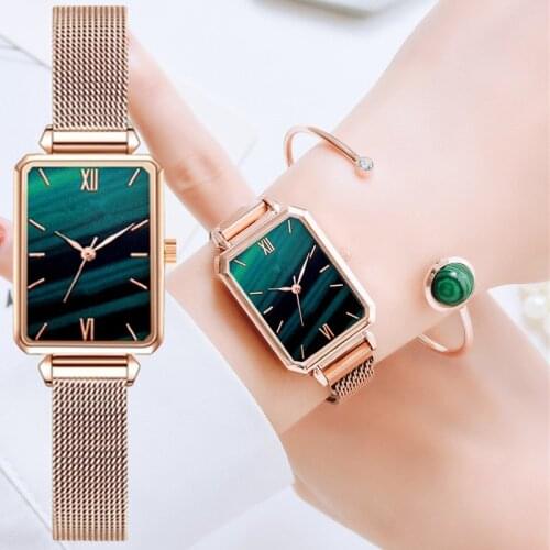 Women Watches Fashion Square Ladies Quartz Watch Bracelet Set Green Dial Simple Rose Gold Mesh Luxury Women Watches
