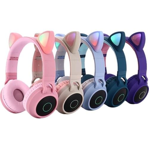 Kids Bluetooth 5.0 Headphones LED light Cat Ears Headset Wireless Earphone HIFI Stereo Bass headphone For Phones With Microphone