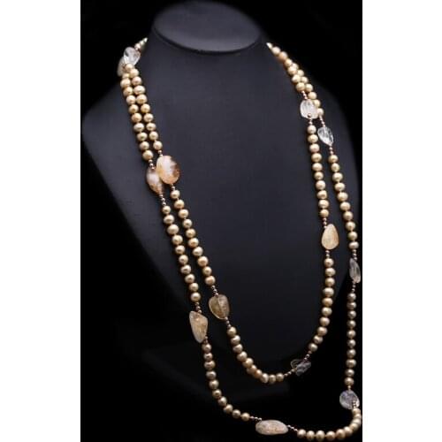 Design 7x7.5mm 158cm champagne gold freshwater pearl crystal necklace long sweater fashion jewelry