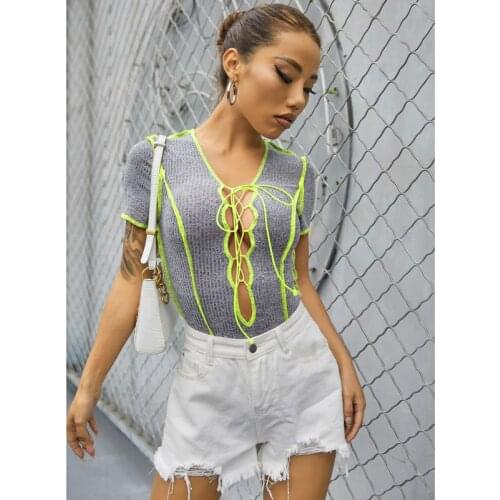 Europe and the United States foreign trade wish the new trend of the chest bump color line bind hollow-out rib jumpsuits women j