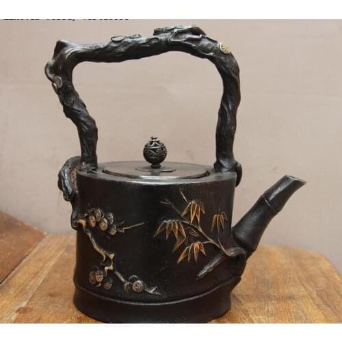 Jepan Technics Iron Silver Gilt Bamboo Plum Blossom Pine Tree TeaPot Teakettle