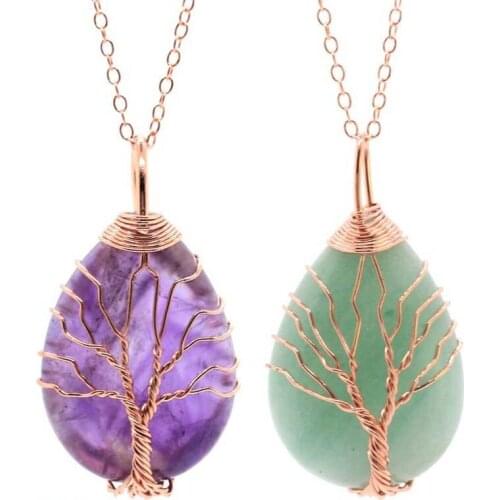 KFT Natural Healing Crystal Quartz Chakra Points Reiki Wire Wrapped Tree of Life Waterdrop Stone Pendant Men Women Jewelry