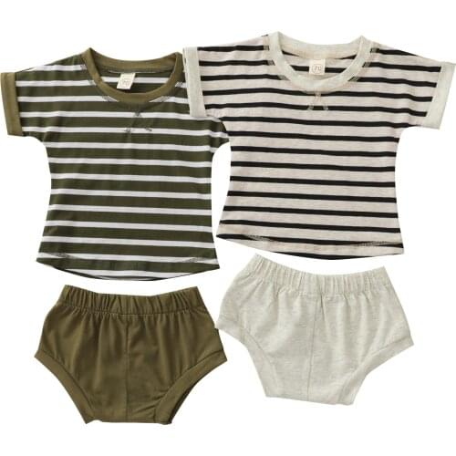 2Pcs Casual Baby Boys Summer Suit Stripe Printed Short Sleeve Tops+Elastic Waist Shorts Outfits for Toddler Boys