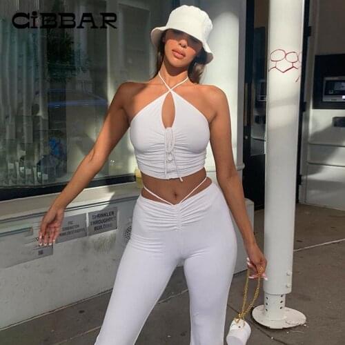 CIBBAR Sexy Halter Solid 2 Piece Sets Women Criss Cross Crop Top And Drawstring Long Pants Matching Suits Hollow Out Streetwear