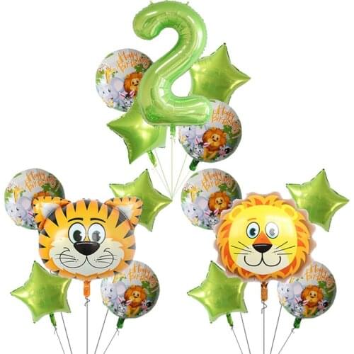 5pcs Jungle Animals Safari Balloon Set Lion Tiger Giraffe Green Number Helium Ballon Baby Shower Birthday Party Decoration Kids