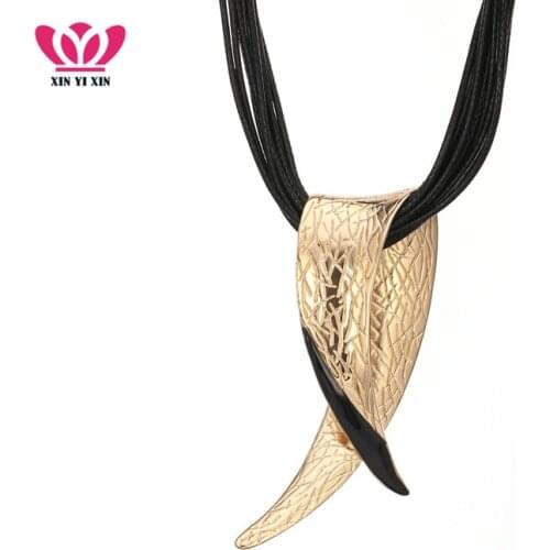 Hot Ethnic Ropes Chains Necklace Vingtage Angle Pendant Multilayer Black Pu Leather Necklace Women Chokers Statement Jewelry