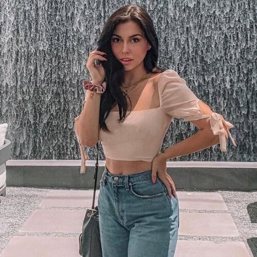 Sexy Womens Solid Color Tee 2020 Summer New Style Mesh Cuff Bandage Short Sleeve Off-shoulder Crop Top Lady Fashion Streetwear