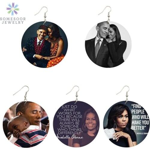 SOMESOOR Women Wood Drop Earrings Black Leader Obama Americas First Lady Michelle Afro Printed Fashion Women Dangle jewelry