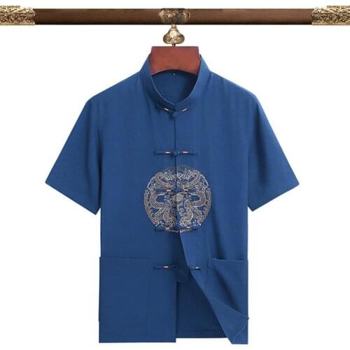 Vintage Mandarin Collar for Men and Women Short Sleeve Shirt Summer Chinese Traditional Couple Tang Tops Kong Fu Clothing