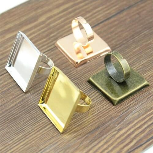 WYSIWYG 5pcs 4 Colors Fit 20/25mm Square Glass Cabochon Copper Material Adjustable Ring Settings Base/Blank Bezels