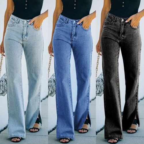 Womens Straight Split Jeans 2021 New Autumn Female Clothes Mid Waist Casual Streetwear Washed Denim Trousers