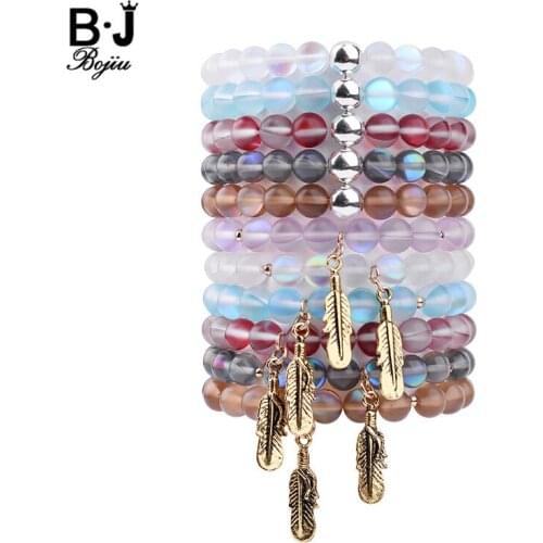 BOJIU 8mm Synthetic Frosted Glass Beads Bracelets For Women Trendy Labradorite Leaf Charm Bracelet With Rainbow Reflection BC262