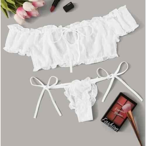 Womens Exotic Cute Lingerie Set Mesh Ruffle Frill Trim Self Tie Knot Sexy Hollow Out Femme Underwear Bra and Panty Brief Sets