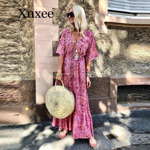 Pink Fashion Waist Tie Printed Holiday Dress Long Beach Bobo Dress Summer Short Sleeve Floral Dress Ankle Length V Neck Loose