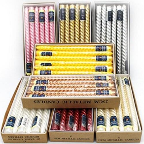 12Pcs European Style Long Threaded Candles Multi-Color Wedding Birthday Party Smokeless Oil Free Candle with Special Candlestick