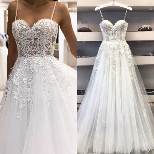 2021 Beach Sexy A Line Wedding Dress Spaghetti Straps Vintage Lace Applique Sweetheart White Tulle Mariage Long Bridal Dress
