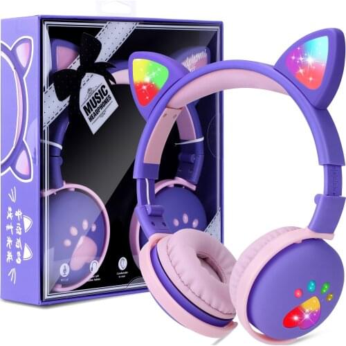 With box, 7.1 Stereo Cute Cat Bluetooth Wireless Headphone With Microphone Flashing light Earphone Music Helmet Girl Kid Gift