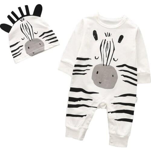 0-18M Baby Outfit Jumpsuits Long Sleeve One Piece Bodysuit Lovely Animal Zebra Suits Hat Set Boys Onesie Overalls Free Shipping