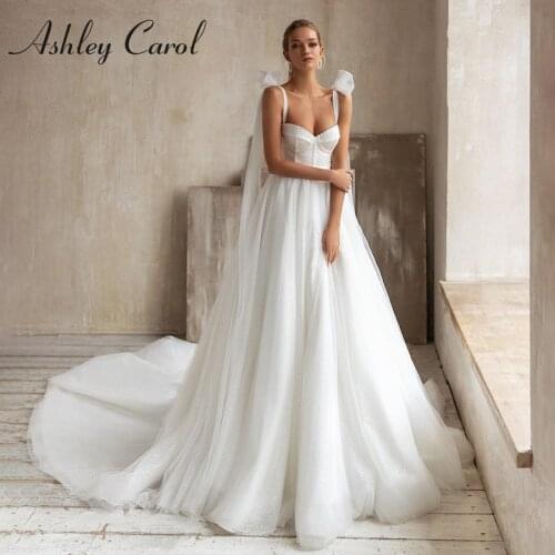 Ashley Carol A-Line Wedding Dress 2021 Beaded Sweetheart Spaghetti Straps Bow Backless Bride Dresses Lace Up Beach Bridal Gown