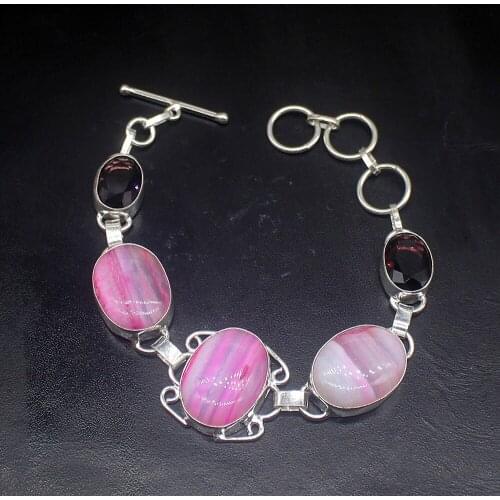 Gemstonefactory Jewelry Big Promotion Single Unique 925 Silver Botswana Agate Amethyst Lady Women Charm Bracelet 20cm 20213199