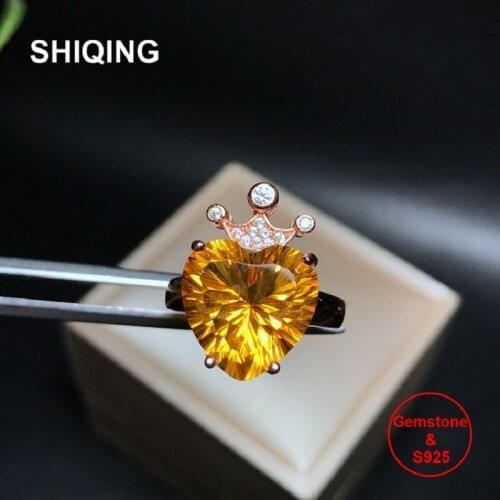 SHIQING Heart Citrine nature good quality gemstone 925 sterling silver crown ring for girlfriend as best gift