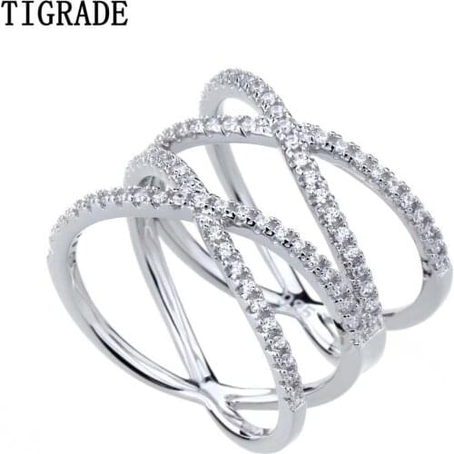 Tigrade 925 Sterling Silver Ring Double Cross Wedding Band Cubic Zirconia Classic Multi Layer Women Rings Finger Jewelry