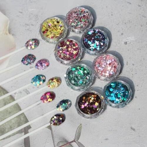 8Colors Nail Sequins Korea Flash Powder Mirror Glitter Flakes,Holographic Laser Sparkly Slices Mix Size Chunky Nail Art Slices H