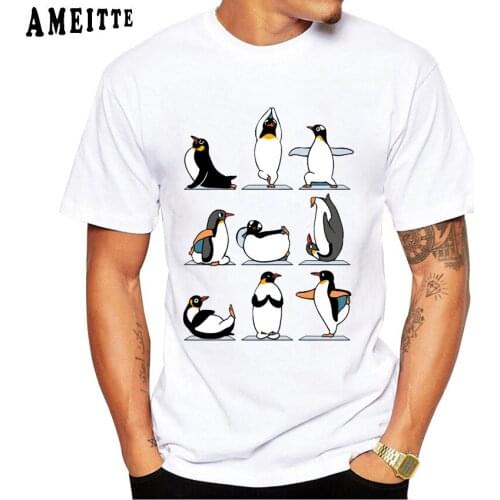 Funny Lovely Penguin Yo-ga Print T Shirt Novelty Animal Customied Men Hipster Short Sleeve Fashion Boy Casual White Tee shirt