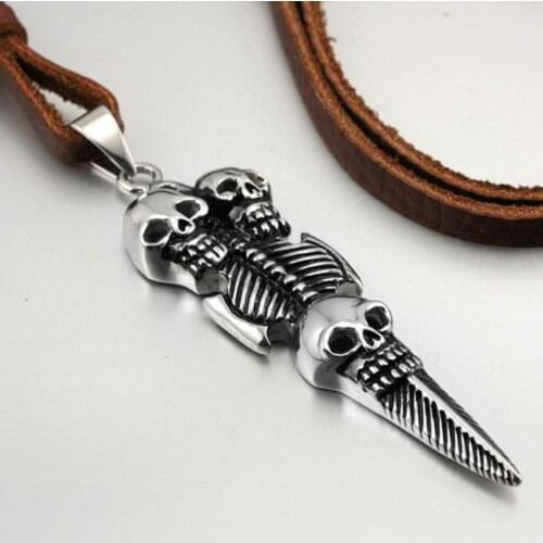 316L Stainless Steel Skulls Sword Pendant Mens Biker Rock Punk Leather Necklace 4G012