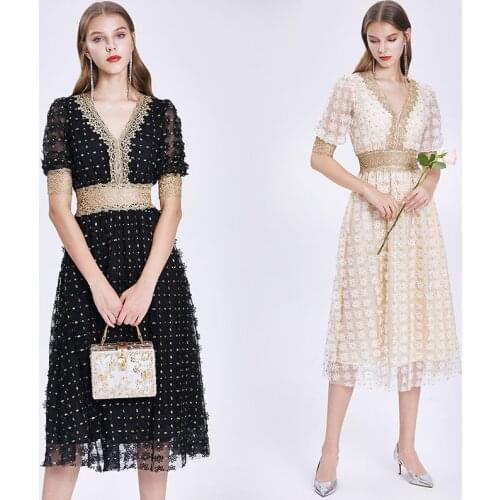 Summer High-End Elegant Lace Patchwork Embroidery Mesh Dresses Womens Sexy V Neck Puff Sleeve High Waist Hollow Out Party Dress
