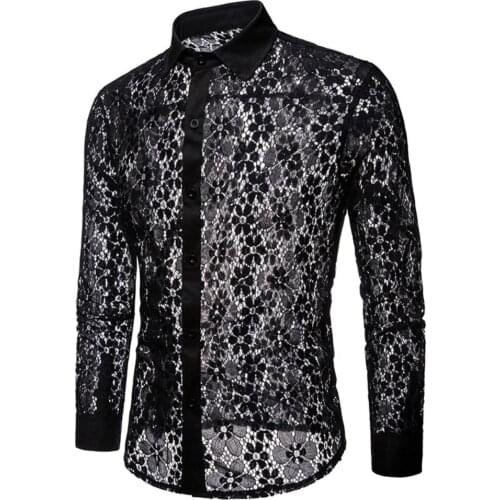 Men Sexy Shirts Long Sleeve Solid Color Lace Mesh See Through Clubwear Buttons Down Shirt Slim Party Transparent Shirt Tops