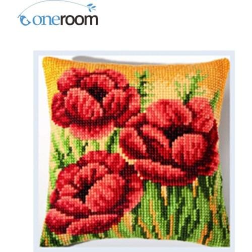 Red rose DIY Needlework Kit Unfinished Acrylic Yarn Embroidery Pillow Tapestry Canvas Cushion Front Pillowcase