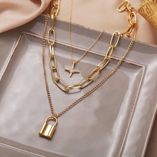 New Lock Necklace Trend Thick Chain Creative Key Geometric Pendant Multilayer Clavicle Chain Inlaid Zircon Female Jewelry