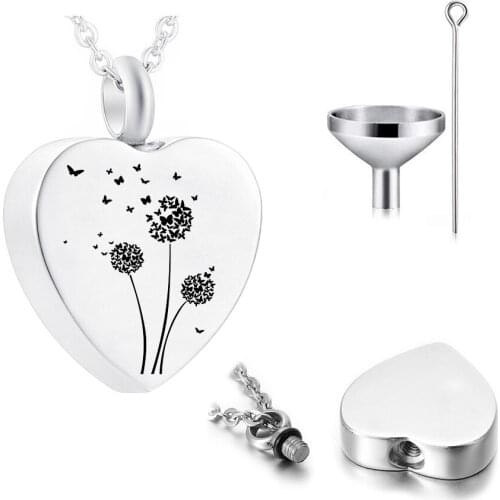 Cremation Jewelry Heart Pendant Stainless Steel Urn Necklace Dandelion Pendant Pet Ashes Memorial With Filling Kit